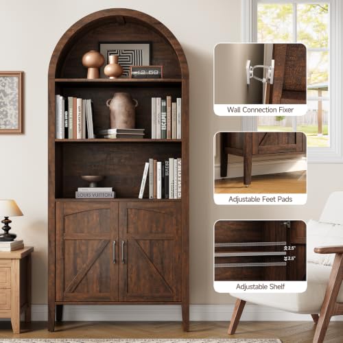 Brown 5-tier arched bookshelf with door and adjustable shelves, view 6