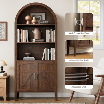 Brown 5-tier arched bookshelf with door and adjustable shelves, view 6