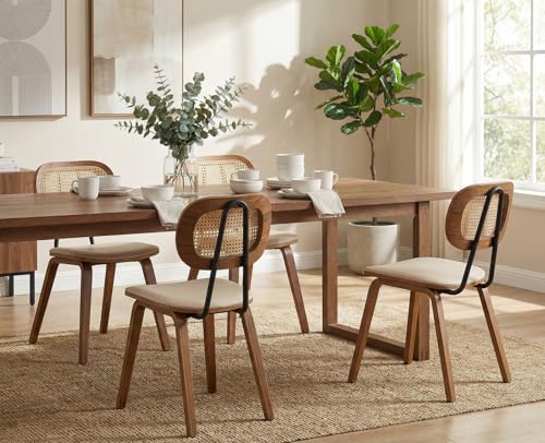 Mid-Century Dining Chairs Set of 2, PU Leather Kitchen Chairs with Rattan Backrest Wooden Legs Armless Design for Dining Room Living Room, Beige