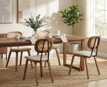Mid-Century Dining Chairs Set of 2, PU Leather Kitchen Chairs with Rattan Backrest Wooden Legs Armless Design for Dining Room Living Room, Beige