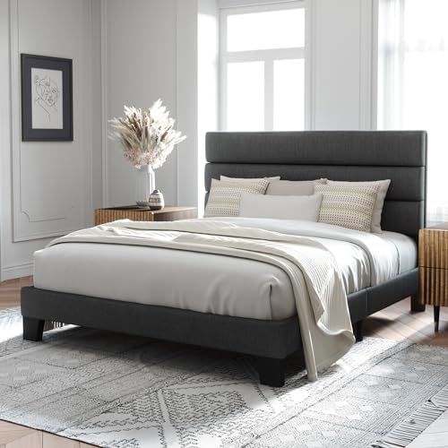Gray Platform Bed with Fabric Headboard, view 4