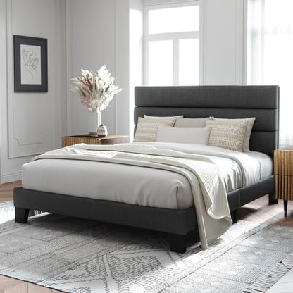 Gray Platform Bed with Fabric Headboard, view 4