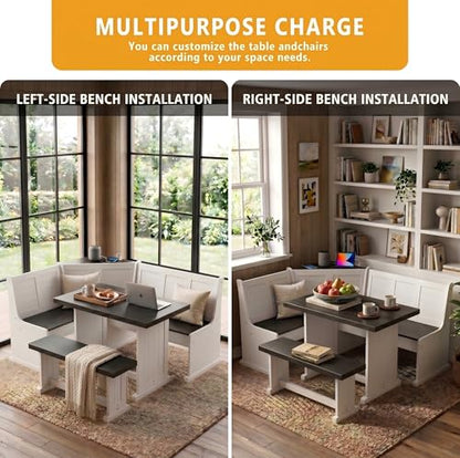 Corner Breakfast Nook Dining Set with Storage, L-Shape Kitchen Table with 2 AC Outlets, Space-Saving Bench Seats 5, Scratch & Heat Resistant