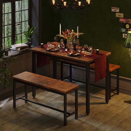 Dining Table Set for 4, 3-Piece Kitchen Table with 2 Benches, Space-Saving Dining Room Set for Breakfast Nook and Small Spaces, Brown