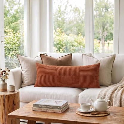 Fancy Homi Set of 1 Rust Boho Long Lumbar Body Decorative Throw Pillow Cover 14x36 Inch for Bed Couch Bedroom Bench, Soft Patchwork Corduroy Textured Pillow Case, Rustic Farmhouse Room Decor