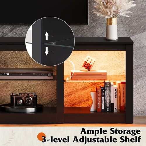 Modern LED TV Stand for 65 70 Inch TV, 58" Entertainment Center with Adjustable Glass Shelves & RGB Lights, Wood Media Console Table for Living Room, Bedroom, Gaming Room, Black
