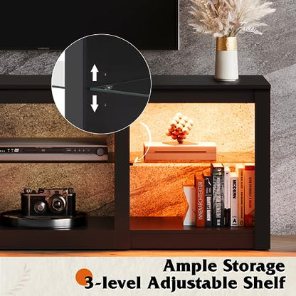 Modern LED TV Stand for 65 70 Inch TV, 58" Entertainment Center with Adjustable Glass Shelves & RGB Lights, Wood Media Console Table for Living Room, Bedroom, Gaming Room, Black