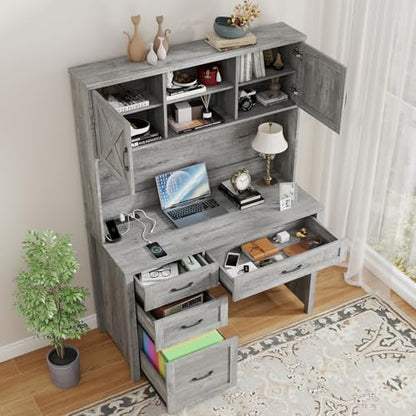 Farmhouse 67" H Executive Desk with Hutch & Drawers, Grey, view 6