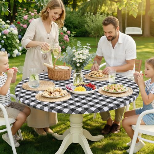 Round Picnic Tablecloth, Elastic Waterproof Fitted Vinyl Tablecloths for 45"-56" Tables, Flannel Backed Buffalo Plaid Table Cover for Dining, Camping, Outdoor, Black and White