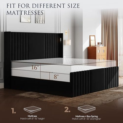 55" Tall King Size Platform Bed Frame with 2 Reading Lights, Black, view 6