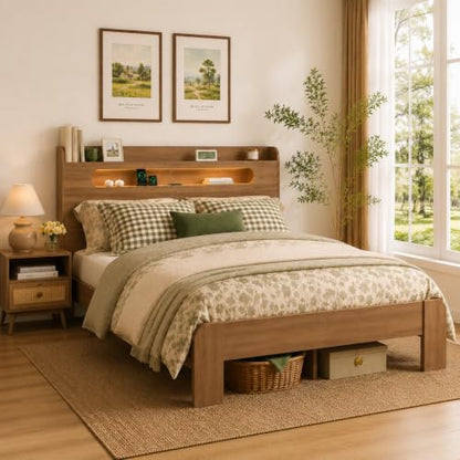 Wooden Queen Bed Frame with Storage Headboard, Farmhouse Platform, view 5