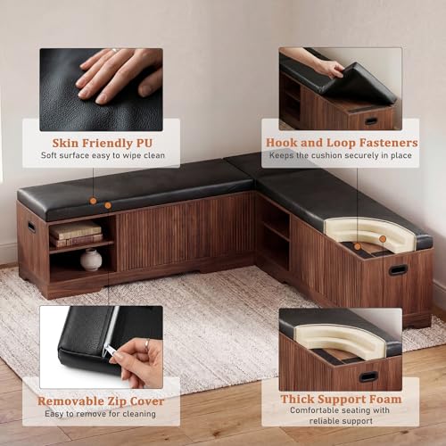 Extendable Breakfast Nook Table Set with Storage Benches & Stools, 6-Piece Corner Dining Table Set, Kitchen Nook Table Set with Glass Holder for Small Space, Indoor/Outdoor Use (Black+Walnut)