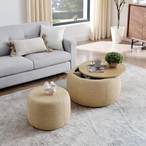 TTK Round Ottoman with Storage Set of 2, 25" Large Upholstered Storage Ottoman Set Coffee Table with Removable Wood Tray, Modern Circle Foot Stool Padded Bench Ottomans for Living Room (Natural)