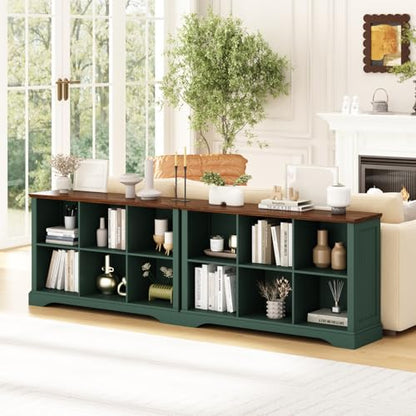 6 Cube Storage Organizer - 47.4" Farmhouse Wood Low Bookshelf, 3 Tier Horizontal Open Shelf Bookcase Cubby Storage Console Cabinet for Living Room, Entryway, Office, Green