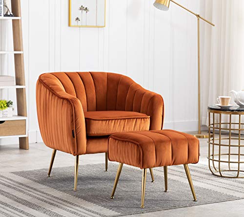 Velvet Modern Tub Barrel Arm Chair Upholstered Tufted with Gold Metal Legs Accent Club Chair with Ottoman Footrest for Living Reading Room Bedroom, Caramel Color