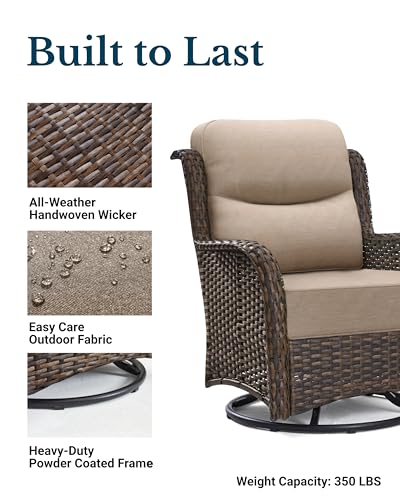 Luxury Outdoor Patio Furniture Set with 6-Inch Thick Cushions, High Back Wicker Swivel Rocker Chairs, 3 Pcs All Weather Chairs Set for Small Porch, Deck and Sunroom, Beige (V3)