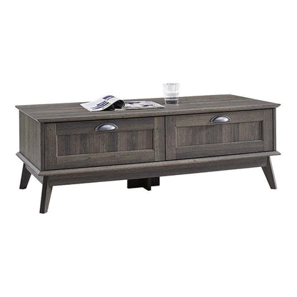 Wood Coffee Table with 2 Drawers, Smoke Oak Finish, 45 x 22 in, Engineered Wood and Metal, Durable Laminate, Scandinavian Design Living Room Table with Storage