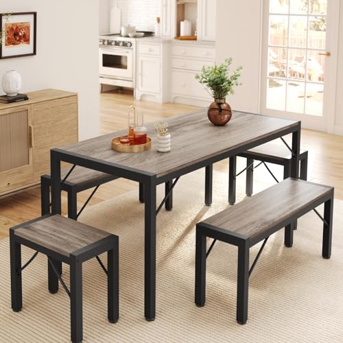 63" Dining Room Table Set for 6, Kitchen Table with 2 Benches and 2 Stools, Dining Table Set with Metal Frame, Space-Saving Kitchen Table Set for Apartment, Grey