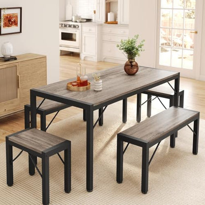 63" Dining Room Table Set for 6, Kitchen Table with 2 Benches and 2 Stools, Dining Table Set with Metal Frame, Space-Saving Kitchen Table Set for Apartment, Grey