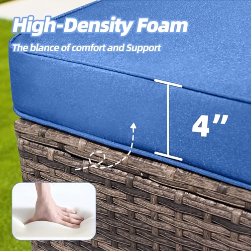 2 Pieces Patio Wicker Furniture Set, High Back Wicker Single Patio Chair Set with Ottoman, Outdoor Porch Chair with Thick Cushion for Balcony Deck Yard and Porch, Blue