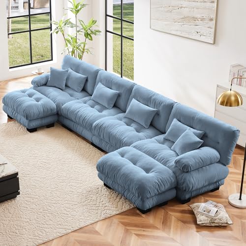 Oversized Modular Velvet Sectional Cloud Sofa Couch with Movable Ottoman,Corner Sofa with Comfortable Armrests, Deep Seat, Convertible L or U Shaped Couch (Sky-Light Blue, 4 Seat + 2 Ottoman)