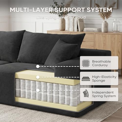 Boneless Couch, 102.4" Sectional Couches for Living Room with L Shape Sofa | Cloud Couch Sectional with Chaise, Modular Cloud Sofa with Deep Seat, No Assembly, Black, Corduroy, Left Chaise