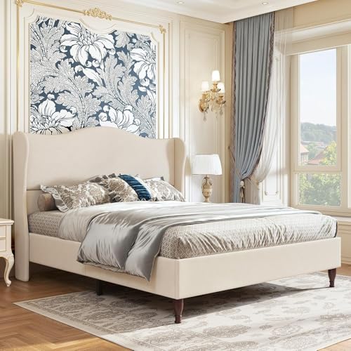 King Size Upholstered Bed Frame with 51'' Tall Headboard, Beige, view 4