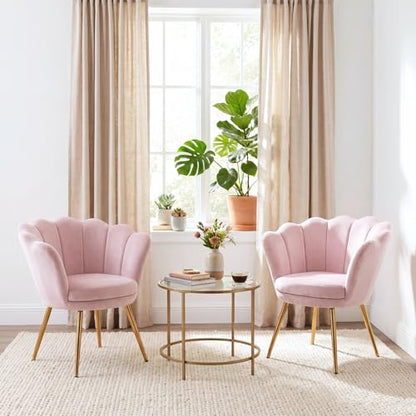 Light Pink Makeup Vanity Chair with Back, Modern Velvet Upholstered Small Accent Chair with Gold Metal Legs, Cute Shell Shaped Vanity Stool Desk Chair for Living Room Bedroom Dressing Room