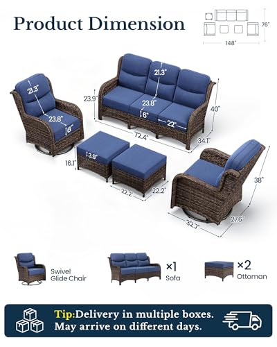 Luxury High Back Patio Furniture Set with 6-Inch Thick Cushion, 5-Piece Outdoor Conversation Set with Sofa, Swivel Rocker Chairs & Ottomans, Ideal for Porch Pool Deck Yard (Blue)