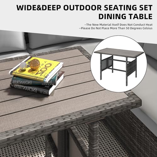 Outdoor Patio Furniture Set, 7 Pieces Clearance Sectional Rattan Dining Table&Chairs, All Weather Wicker Conversation Sofa Couch with Ottoman, Grey Cushions&Grey Rattan