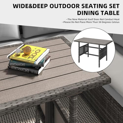 Outdoor Patio Furniture Set, 7 Pieces Clearance Sectional Rattan Dining Table&Chairs, All Weather Wicker Conversation Sofa Couch with Ottoman, Grey Cushions&Grey Rattan