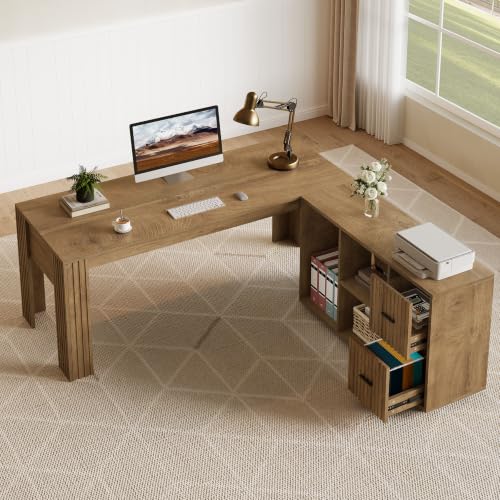 63" L Shaped Executive Desk with Mobile File Cabinet, Brown, view 5