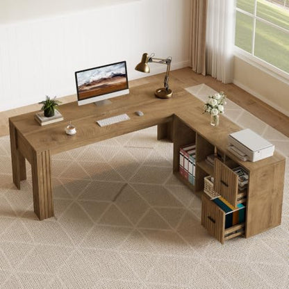 63" L Shaped Executive Desk with Mobile File Cabinet, Brown, view 5