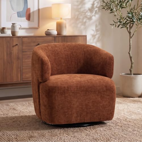 Swivel Accent Chair, Chenille Barrel Chair, Orange, view 2