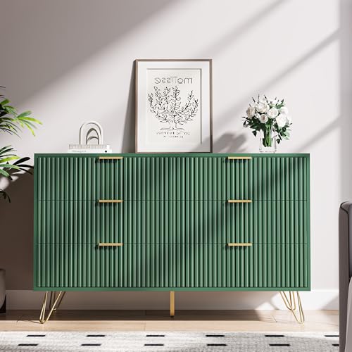 Green 6 Drawer Dresser for Bedroom, Fluted Dresser with Gold metal Handles, view 6