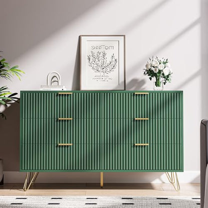 Green 6 Drawer Dresser for Bedroom, Fluted Dresser with Gold metal Handles, view 6