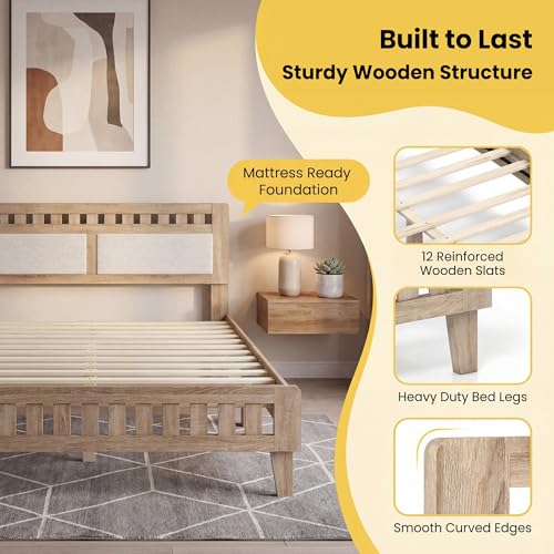 Queen Wood Bed Frame with Upholstered Headboard, view 6