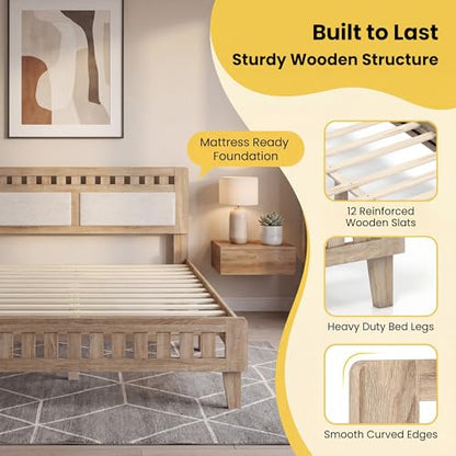 Queen Wood Bed Frame with Upholstered Headboard, view 6