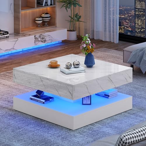 33.9 Inch Modern LED Coffee Table with Storage - High Gloss Black Square Center Table with 2 Drawers, Double-Layer Design for Living Room, Home Office Furniture,White Marble