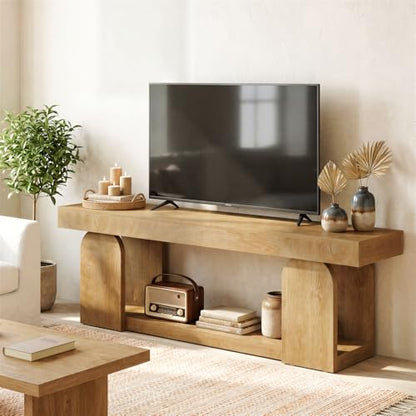 63" TV Stand for 55/60/65/75-Inch TVs, Farmhouse Entertainment Center with Storage Shelves, Wooden TV Media Console for Living Room, Bedroom, Natural Wood