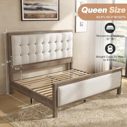 Queen Solid Wood Bed Frame 50" Tall Headboard&Footboard, Ash Grey, view 3