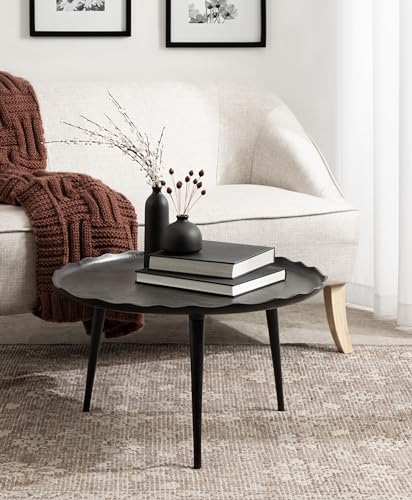 Alessia Modern Round Metal Coffee Table; 26 x 26 x 16; Black; Sand Cast Aluminum Coffee Table with Raised Deckled Edge for Storage and Display
