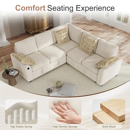 Sectional Couch with Pull Out Sofa Bed,Chenille Sleeper Sofa with 2 Seat Storage & USB Charging,Comfy L Shaped Modular Couches for Living Room,Apartment