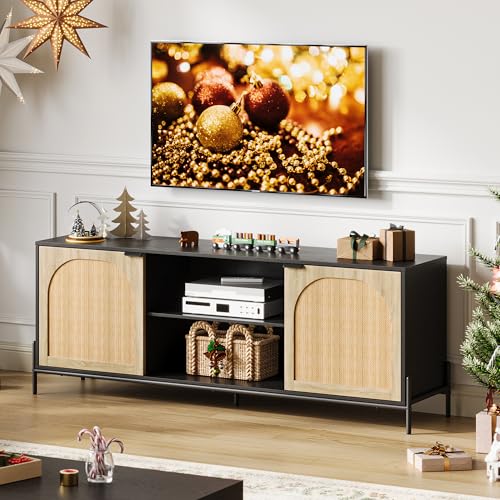 Rattan TV Stand for 75" TV with Storage, 65" Console Table with Metal Legs, view 2