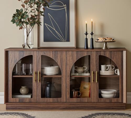 64" Sideboard Buffet Cabinet with Storage, Modern Accent Cabinet with Arched Glass Doors and Adjustable Shelves, Console Table Credenza for Living Room Dining Room Entryway, Walnut