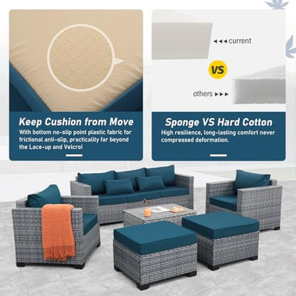 6 Pieces Wicker Patio Furniture Sets Outdoor Conversation Set HDPE Rattan Sectional Sofa Couch with Storage Table and Non-Slip Cushions, Peacock Blue