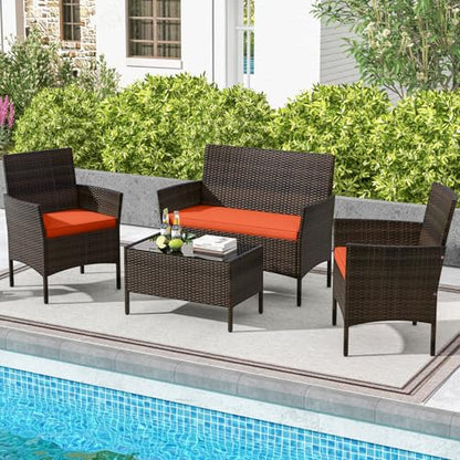 Wicker Patio Furniture Set 4 Piece, Outdoor PE Rattan Table & Chairs Set with Tempered Glass Coffee Table, Loveseat, Cushions, Conversation Set for Balcony, Porch, Backyard, Deck, Orange