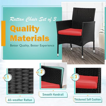 PayLessHere Set of 3 Outdoor Furniture Set Heavy Duty Patio Furniture Set Sturdy Conversation Set with 2 Rattan Chairs Glass Top Coffee Table Seat Cushions for Coffee Bar Poolside Patio Outdoor, Red