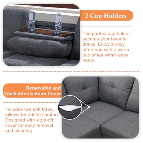 Sectional Sofa Couch, Modern 4-Seaters Living Room Furniture Sets with Chaise Lounge, Ottoman & 2 Pillows | L Shape Couch | Cup Holder | Linen Fabric, Dark Gray