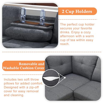 Sectional Sofa Couch, Modern 4-Seaters Living Room Furniture Sets with Chaise Lounge, Ottoman & 2 Pillows | L Shape Couch | Cup Holder | Linen Fabric, Dark Gray